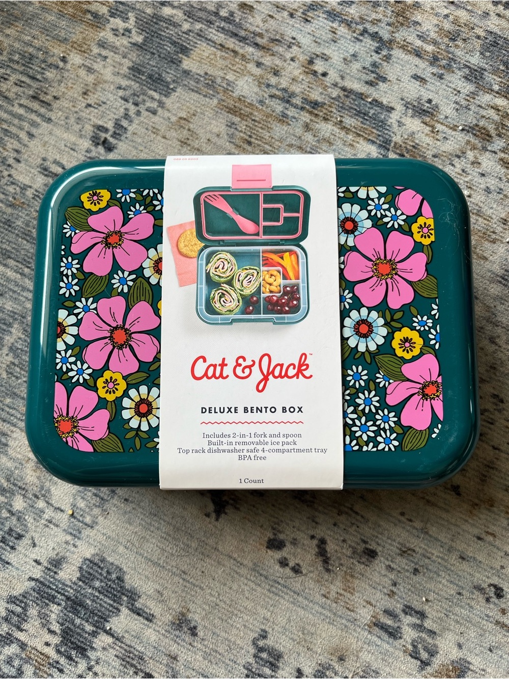 Cat & Jack Teal Bento Box with Pink Utensil Insert